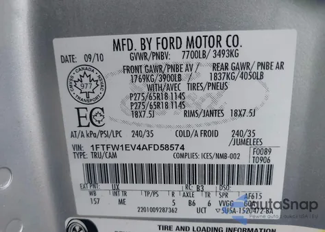 2010 Ford F-150 Fx4/Harley-Davidson/King Ranch/Lariat/Platinum/Xl/Xlt from USA, damaged, VIN 1FTFW1EV4AFD58574